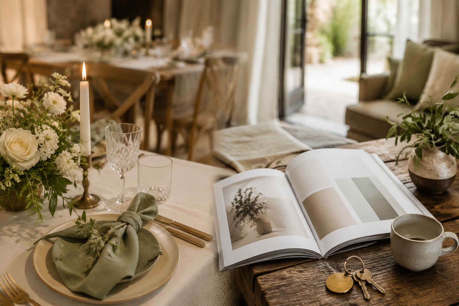 Elegant celebration table with a vacation rental welcome guide, keys and coffee